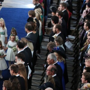 La princesse Eugenie d'York, le prince Andrew, duc d'York, le prince George de Cambridge et la princesse Charlotte de Cambridge - Cérémonie de mariage de la princesse Eugenie d'York et Jack Brooksbank en la chapelle Saint-George au château de Windsor, Royaume Uni le 12 octobre 2018.