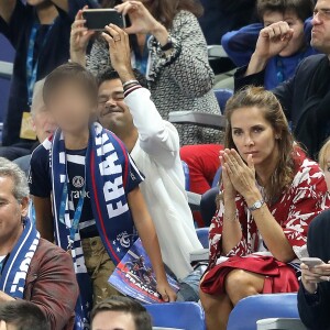 Jamel Debbouze, sa femme Mélissa Theuriau et leur fils Léon dans les tribunes du stade de France lors du match de ligue des nations opposant la France à l'Allemagne à Saint-Denis, Seine Saint-Denis, France, le 16 octobre 2018. La France a gagné 2-1.