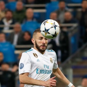 L'attaquand du Real Madrid Karim Benzema en action - Le Real Madrid en finale de la Ligue des champions après son match nul (2-2) contre le Bayern Munich au stade Santiago-Bernabéu à Madrid, Espagne, le 1er mai 2018.