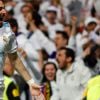 L'attaquand du Real Madrid Karim Benzema célèbre après avoir marqué un but - Le Real Madrid en finale de la Ligue des champions après son match nul (2-2) contre le Bayern Munich au stade Santiago-Bernabéu à Madrid, Espagne, le 1er mai 2018