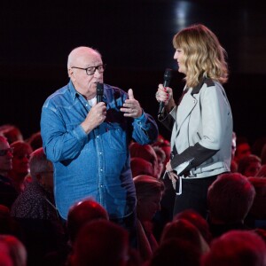 Exclusif - Daphné Bürki et Jean Renard (Compositeur de la chanson "Que Je T'aime") - Enregistrement de l'émission "Johnny Hallyday, vos plus grands souvenirs" au Palais des Sports à Paris, le 17 octobre 2018. Diffusion le 23 octobre à 21h10 sur France 2. © Cyril Moreau / Bestimage