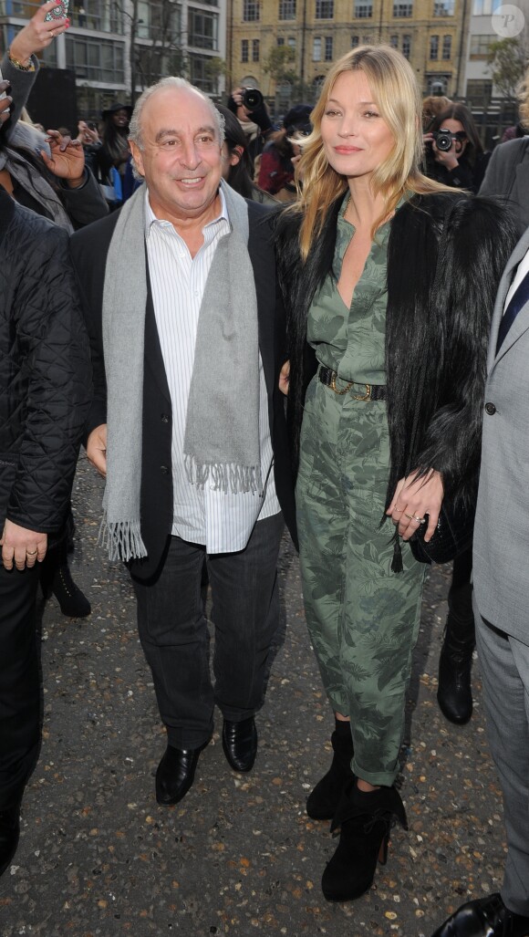Sir Philip Green et Kate Moss - Personnalités arrivant pour assister au défilé TopShop Unique à Londres, le 17 février 2014.