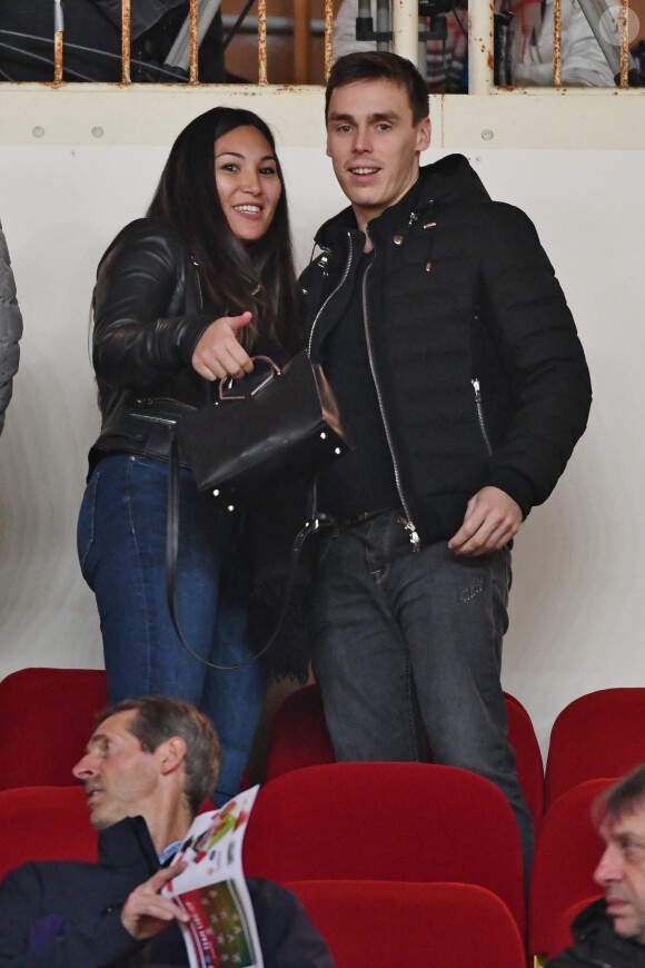 Louis Ducruet et sa fiancée Marie Chevallier au stade Louis-II de Monaco pour le match entre l'AS Monaco et le Paris Saint-Germain (0-4) en clôture de la 13e journée du championnat de Ligue 1, le 11 novembre 2018. © Bruno Bebert/Bestimage