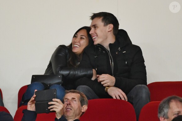 Louis Ducruet et sa fiancée Marie Chevallier au stade Louis-II de Monaco pour le match entre l'AS Monaco et le Paris Saint-Germain (0-4) en clôture de la 13e journée du championnat de Ligue 1, le 11 novembre 2018. © Bruno Bebert/Bestimage