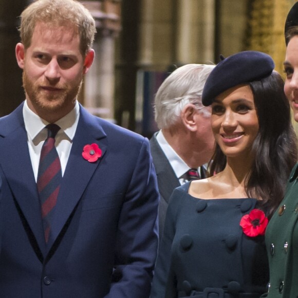 Le prince William, duc de Cambridge, le prince Harry, duc de Sussex et Meghan Markle (enceinte), duchesse de Sussex, Kate Catherine Middleton, duchesse de Cambridge - La famille royale d'Angleterre lors du service commémoratif en l'abbaye de Westminster pour le centenaire de la fin de la Première Guerre Mondiale à Londres. Le 11 novembre 2018