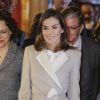 La reine Letizia d'Espagne assistait au 40e anniversaire de l'Institut national de l'emploi à Madrid le 28 novembre 2018.