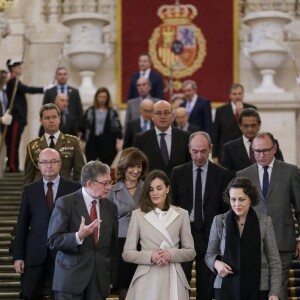La reine Letizia d'Espagne assistait au 40e anniversaire de l'Institut national de l'emploi à Madrid le 28 novembre 2018.
