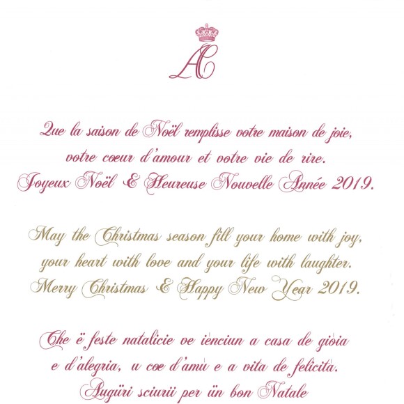 Exclusif - Carte de voeux 2019 de la famille princière de Monaco. © Palais Princier Monaco via Bestimage