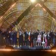 Exclusif - Stéphane Rotenberg, Elodie Gossuin, Nelson Monfort, Slimane, Agathe Lecaron, Laurent Maistret, Valérie Damidot, Vincent Niclo, Vitaa, Kids United, Sylvie Tellier, Richard Orlinski, Jean-Marie Bigard, Erika Moulet, Trois Cafés Gourmands, Stéphanie Renouvin, Sandrine Quétier et Claudio Capéo - Enregistrement de l'émission "Tout le monde chante contre le cancer : les stars relèvent le défi" au Palais des Sports à Paris, le 11 décembre 2018. Diffusion le 3 janvier 2019 à 21h sur W9.