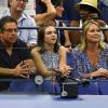 Ben Stiller, sa fille Ella et son ex-femme Christine Taylor dans les tribunes lors de l'US Open de tennis au USTA National Tennis Center à New York City, New York, Etats-Unis, le 29 août 2018.