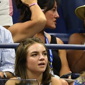 Ben Stiller, sa fille Ella et son ex-femme Christine Taylor dans les tribunes lors de l'US Open de tennis au USTA National Tennis Center à New York City, New York, Etats-Unis, le 29 août 2018.