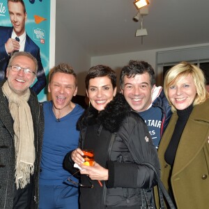 Karine Le Marchand, Laurent Ruquier, JeanFi Janssens, Cristina Cordula, Stéphane Plaza et Chantal Ladesou au cocktail après la générale du spectacle "JeanFi (Janssens) Décolle" à l'Alhambra à Paris, le 7 décembre 2017. © Giancarlo Gorassini/Bestimage