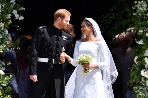 Le prince Harry, duc de Sussex, et Meghan Markle, duchesse de Sussex, à la sortie de chapelle St. George au château de Windsor - Sortie après la cérémonie de mariage du prince Harry et de Meghan Markle en la chapelle Saint-George au château de Windsor, Royaume Uni, le 19 mai 2018.