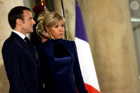 Le président de la République française Emmanuel Macron et la première dame Brigitte Macron accueillent le président de l'État d'Israël Reuven Rivlin et sa femme Nechama Rivlin - Dîner officiel en l'honneur du président israélien et sa femme au palais de l'Elysée à Paris, le 23 janvier 2019. © Dominique Jacovides/Bestimage