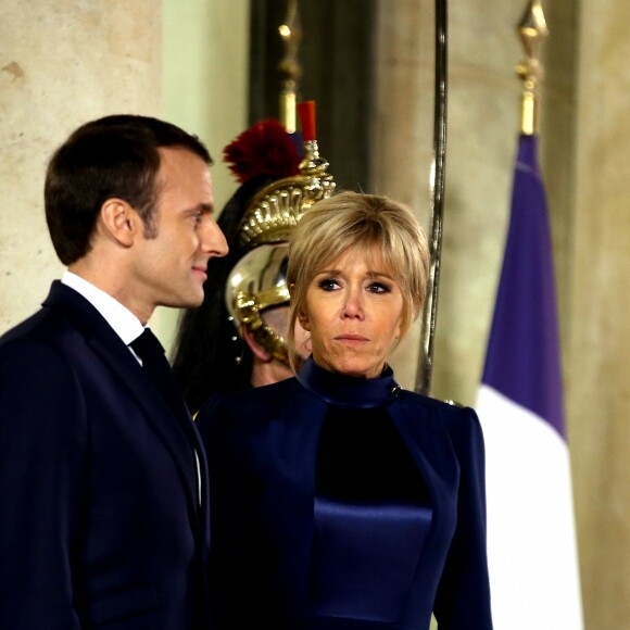 Le président de la République française Emmanuel Macron et la première dame Brigitte Macron accueillent le président de l'État d'Israël Reuven Rivlin et sa femme Nechama Rivlin - Dîner officiel en l'honneur du président israélien et sa femme au palais de l'Elysée à Paris, le 23 janvier 2019. © Dominique Jacovides/Bestimage