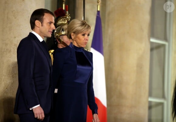 Le président de la République française Emmanuel Macron et la première dame Brigitte Macron accueillent le président de l'État d'Israël Reuven Rivlin et sa femme Nechama Rivlin - Dîner officiel en l'honneur du président israélien et sa femme au palais de l'Elysée à Paris, le 23 janvier 2019. © Dominique Jacovides/Bestimage