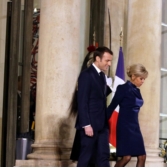 Le président de la République française Emmanuel Macron et la première dame Brigitte Macron accueillent le président de l'État d'Israël Reuven Rivlin et sa femme Nechama Rivlin - Dîner officiel en l'honneur du président israélien et sa femme au palais de l'Elysée à Paris, le 23 janvier 2019. © Dominique Jacovides/Bestimage