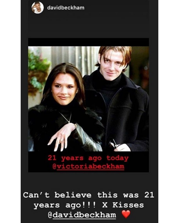 Victoria et David Beckham fêtent leurs 21 ans de fiançailles sur Instagram, le 25 janvier 2019.