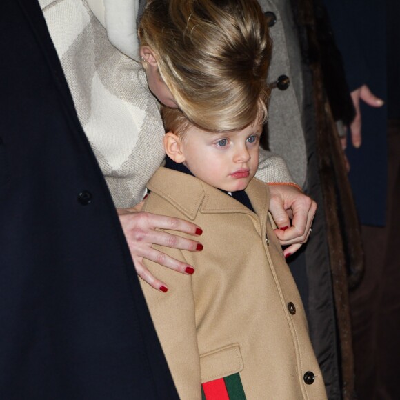 Le prince héréditaire Jacques avec sa maman la princesse Charlene de Monaco lors des célébrations de Sainte Dévote dans la soirée du samedi 26 janvier 2019. © Bruno Bebert/Bestimage