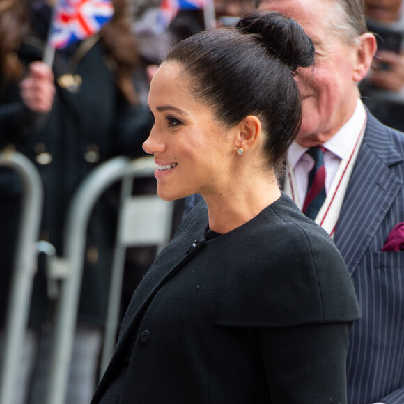 Meghan Markle, enceinte, duchesse de Sussex, arrive à l'Université de Londres pour rencontrer des membres de l'Association des Universités du Commonwealth (ACU) le 31 janvier 2019.