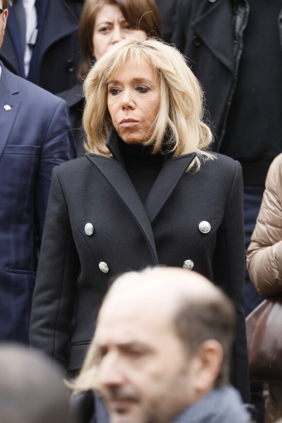 La première dame Brigitte Macron lors des obsèques de Michel Legrand en la cathédrale orthodoxe Saint-Alexandre-Nevsky à Paris, le 1er février 2019