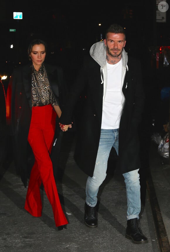 Victoria et David Beckham et leur fils B. Beckham et sa compagne H. Cross arrivent à la soirée Reebok dans le quartier de East Side à New York. Le 22 janvier 2019.