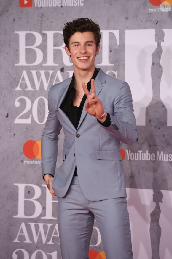 Shawn Mendes au photocall de la cérémonie des Brit Awards 2019 à l'O2 Arena à Londres le 20 février 2019.