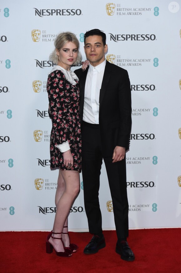Rami Malek et sa compagne Lucy Boynton - People à la soirée "BAFTA Nespresso Nominees" au Kensington Palace à Londres, le 9 février 2019.