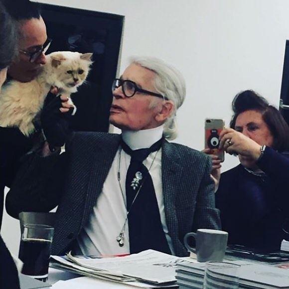 Karl Lagerfeld et sa chatte, Choupette, dans les bras de sa gouvernante Françoise.