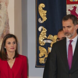 Le roi Felipe d'Espagne et la reine Letizia lors de la réception pour le 500ème anniversaire de l'expédition autour du monde de Magellan et Faleiro le 22 mars 2018.  Spanish Kings Felipe VI and Letizia Ortiz attending act Capitulaciones de Valladolid during 500 anniversary of expedition of the first round the world of Fernando de Magallanes and Juan Sebastian Elcano in Valladolid on Thursday 22 , March 201822/03/2018 - Valladolid