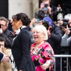 A l'occasion de la journée mondiale du droits des femmes, Meghan Markle (enceinte), duchesse de Sussex, s'est rendue au King's College à Londres, pour participer à une discussion conjointe avec le Trust "The Queen's Commonwealth" à Londres. Le 8 mars 2019 