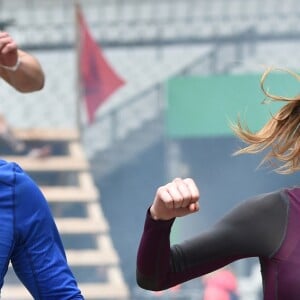 Exclusif - Laury Thilleman (Miss France 2011) et son compagnon le chef cuisinier Juan Arbelaez - Célébrités participent à la Spartan Race au Stade de France à Saint-Denis le 9 mars 2019. © Giancarlo Gorassini/Bestimage