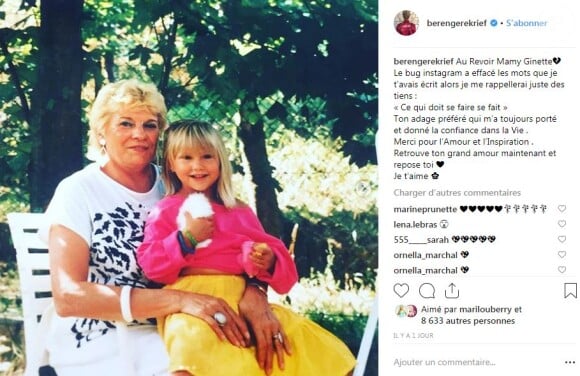 Bérengère Krief annonce la mort de sa grand-mère sur Instagram le 13 mars 2019.