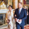 Le prince Harry, duc de Sussex, et Meghan Markle (enceinte), duchesse de Sussex - La famille royale d'Angleterre lors de la réception pour les 50 ans de l'investiture du prince de Galles au palais Buckingham à Londres. Le 5 mars 2019.