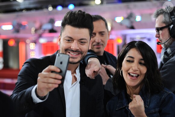 Exclusif - Kev Adams, Leïla Bekhti et Gad Elmaleh - Enregistrement de l'émission "Vivement Dimanche", présentée par M.Drucker et diffusée le 24 mars sur France 2. Le 18 mars 2019 © Guillaume Gaffiot / Bestimage