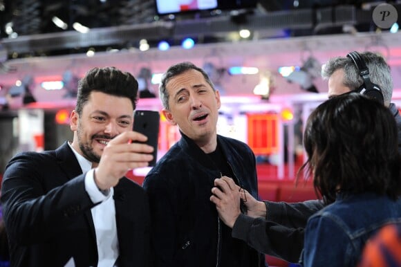 Exclusif - Kev Adams, Leïla Bekhti et Gad Elmaleh - Enregistrement de l'émission "Vivement Dimanche", présentée par M.Drucker et diffusée le 24 mars sur France 2. Le 18 mars 2019 © Guillaume Gaffiot / Bestimage