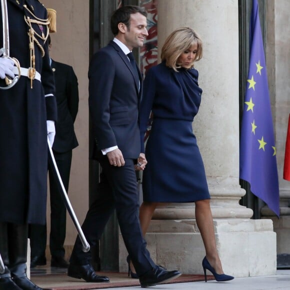 Le président Emmanuel Macron, la première dame Brigitte Macron - Le président de la République française et sa femme accueillent le roi et la reine de Jordanie au palais de l'Elysée à Paris le 29 mars 2019. © Stéphane Lemouton / Bestimage