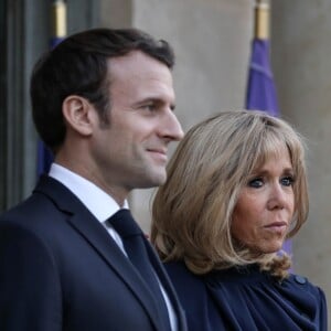 Le président Emmanuel Macron, la première dame Brigitte Macron - Le président de la République française et sa femme accueillent le roi et la reine de Jordanie au palais de l'Elysée à Paris le 29 mars 2019. © Stéphane Lemouton / Bestimage