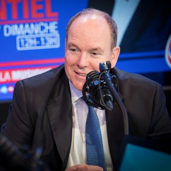 Exclusif - Le prince Albert II de Monaco - Bernard Montiel reçoit le prince Albert II de Monaco sur le plateau de la radio RFM lors de son émission "Une heure avec..." à l'occasion du Tribute to Grace Kelly (du 19 au 28/04 à Monaco). Diffusion le 7 avril 2019 à midi. La rencontre a eu lieu le 2 avril 2019 à Paris © Cyril Moreau / Bestimage