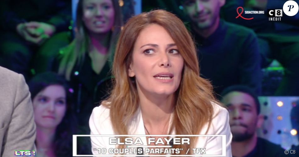 Elsa Fayer surprise et gênée face à la diffusion de ses photos sexy dans &quot;Les Terriens du samedi&quot; (C8) le 6 avril 2019.