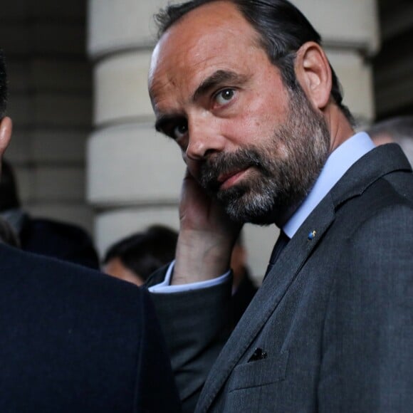 Le premier ministre, Edouard Philippe - Le président de la République française est venu constater les dégâts provoqués par l'incendie survenu en la cathédrale Notre-Dame de Paris, France, le 15 avril 2019. © Stéphane Lemouton/Bestimage