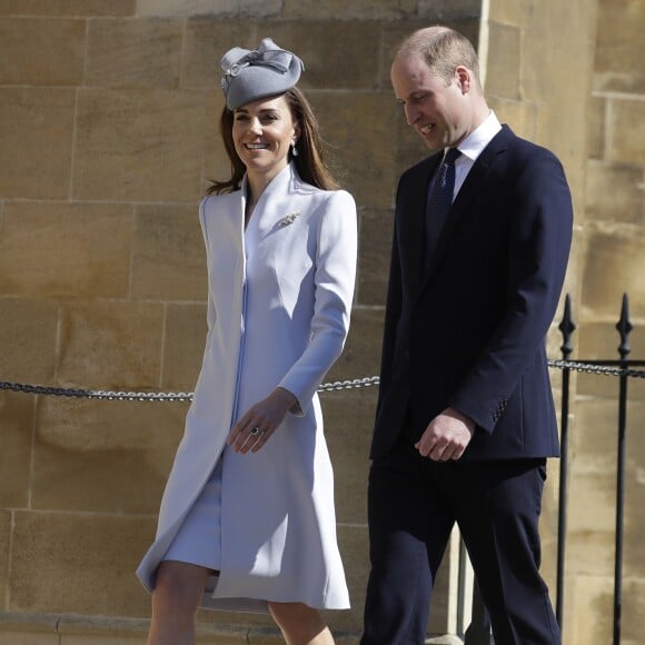 Le prince William, duc de Cambridge, et Catherine (Kate) Middleton, duchesse de Cambridge, arrivent pour assister à la messe de Pâques à la chapelle Saint-Georges du château de Windsor, le 20 avril 2019.