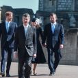 La princesse Anne, Timothy Laurence, le prince Harry, duc de Sussex, Peter Phillips et Autumn Phillips arrivent pour assister à la messe de Pâques à la chapelle Saint-Georges du château de Windsor, le 20 avril 2019.