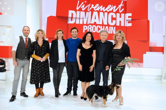 Exclusif - Nicolas Rafal, Cécile Bois, Céline Sallette, Pio Marmai, Shirel (Jennifer Djaoui, fille de J.Manson), Michel Drucker et Jeane Manson - Enregistrement de l'émission "Vivement Dimanche prochain" au studio Gabriel à Paris, présentée par M.Drucker et diffusée le 28 avril 2019 sur France 2. Le 10 avril 2019 © Guillaume Gaffiot / Bestimage