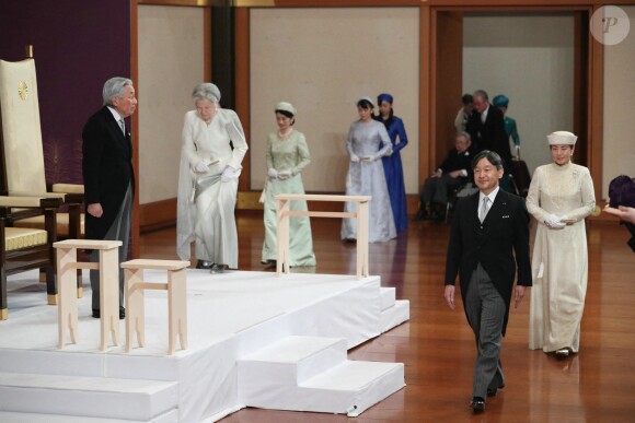 Cérémonie d'abdication de l'empereur Akihito, en présence de l'impératrice Michiko et du nouvel empereur du Japon Naruhito avec sa femme Masako, à Tokyo, le 30 avril 2019
