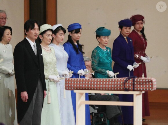 Cérémonie d'abdication de l'empereur Akihito, en présence de l'impératrice Michiko et du nouvel empereur du Japon Naruhito avec sa femme Masako, à Tokyo, le 30 avril 2019