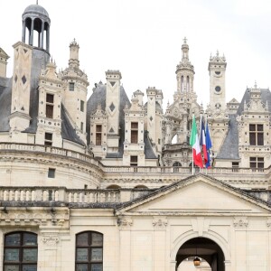 Le président de la république, Emmanuel Macron, la première dame Brigitte Macron, le président italien Sergio Mattarella et Laura Mattarella, sa fille, arrivent au Château de Chambord dans le cadre des célébrations du 500e anniversaire de la mort de Léonard de Vinci, Loir-et-Cher, France, le 2 mai 2019.© Stéphane Lemouton / Bestimage