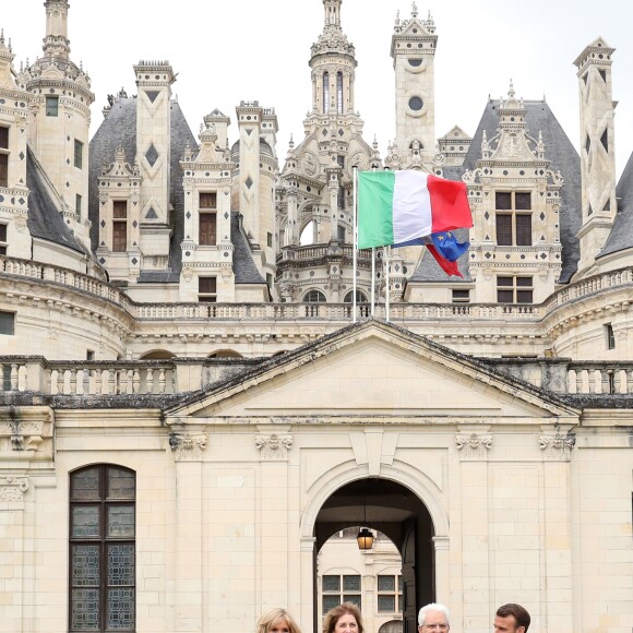 Le président de la république, Emmanuel Macron, la première dame Brigitte Macron, le président italien Sergio Mattarella et Laura Mattarella, sa fille, arrivent au Château de Chambord dans le cadre des célébrations du 500e anniversaire de la mort de Léonard de Vinci, Loir-et-Cher, France, le 2 mai 2019.© Stéphane Lemouton / Bestimage