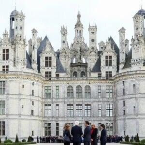 Emmanuel Macron, Brigitte Macron, le président italien Sergio Mattarella et Laura Mattarella (sa fille) au Château de Chambord dans le cadre des célébrations du 500e anniversaire de la mort de Léonard de Vinci, Loir-et-Cher, le 2 mai 2019.© Stéphane Lemouton / Bestimage