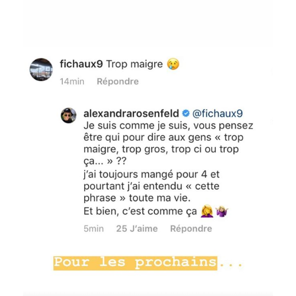 Alexandra Rosenfeld répond aux attaques sur sa silhouette, jugée "trop maigre", le 12 mai 2019 sur Instagram.